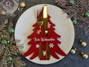 Besteckhalter 2er| 4er| 6er| 8er Set aus Filz mit Weißem Aufdruck| Weihnachtliche Tischdeko| Tannenbaum| Christbaum| Weihnachtsgeschenk